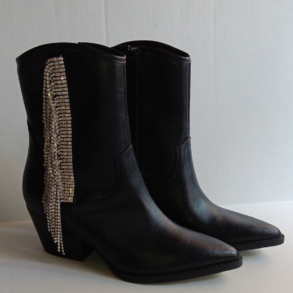 OASIS SOCIETY BLACK WESTERN  ANKLE BOOTS WITH  RHINESTONE  FRINGE